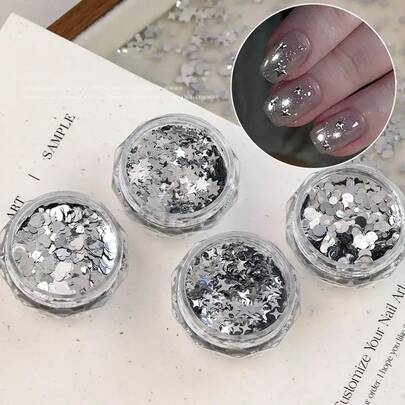 银色星星亮片，银色亮片美甲配件，圆形、五角星形、心形美甲闪粉亮片，亮片装饰配件，美甲亮片饰品粉，闪粉美甲配件，DIY美甲装饰，Y2K金属粉美甲配件，用于美甲装饰，多色光泽，适用于美甲和手工设计，适合日常、节日场合。