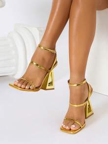 Square Toe High Heel Sandals, Chunky Heel, Elegant & Comfortable, Casual Buckle Strap Open Toe Breathable Asymmetric Heel Party Wedding Dress Sandals - 金色 - 查看 3