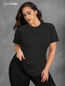 大码女式运动上衣，四向弹力短袖插肩圆领弧形下摆健身衫，带反光标签 | 修身速干吸湿排汗女式运动上衣，适合曲线身材，黑色夏季款 - 黑色 - 查看 6