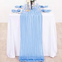 1pc Solid Color Cheesecloth Table Runner, Bohemian Style Polyester Tablecloth For Party Wedding Banquet Decoration - Baby Blue - View 3