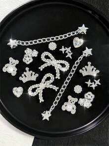 16件套可拆卸DIY水钻小熊、蝴蝶结、圣诞雪花鞋饰链，完美节日礼物 - 16PCS銀色 - 查看 1