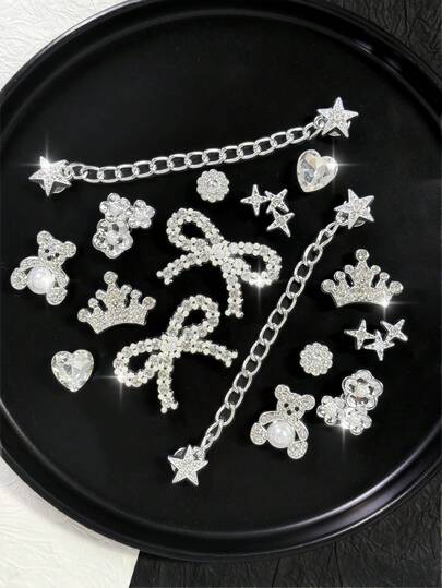 16件套可拆卸DIY水钻小熊、蝴蝶结、圣诞雪花鞋饰链，完美节日礼物