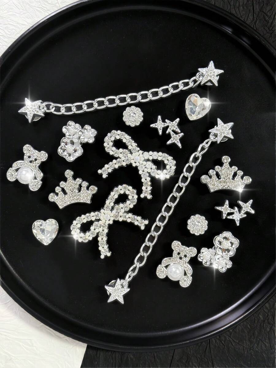 16件套可拆卸DIY水钻小熊、蝴蝶结、圣诞雪花鞋饰链，完美节日礼物 - 16PCS銀色 - 查看 1