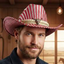 Gorra vaquera estilo western, elegante, a rayas, con toro decorativo y cinturón de ala ancha. Sombrero unisex para actividades al aire libre. - Rojo sandía - Ver 5