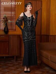 Plus Size Women's Open Shoulder 1920s Vintage Formal Gown, Long Evening Dress For Party, Wedding, Bridesmaid Black Fall - Black - View 1