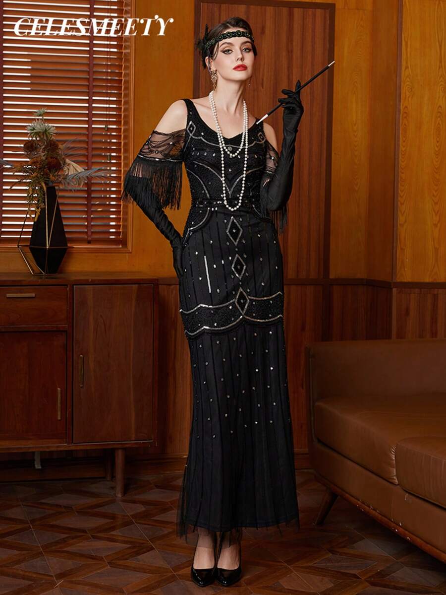 Plus Size Women's Open Shoulder 1920s Vintage Formal Gown, Long Evening Dress For Party, Wedding, Bridesmaid Black Fall - Black - View 1