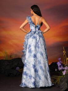 VIPGIRL Floral Print Mesh Ruffle Trim Asymmetric Neck Evening Maxi Dress - Blue - View 2