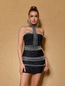 DEIVE TEGER Luxury Rhinestone Embellished Spaghetti Strap Bodycon Mini Dress, Sexy, Suitable For Ball, Party, Birthday, Prom, Graduation Ceremony