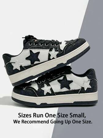 New Fashionable Casual Star Pattern Canvas Sneakers, Round Toe Lace-Up Low-Top Shoes, Oversized (Please Order One Size Up)