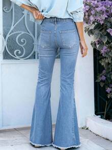 （棉混纺）女式复古破洞弹力喇叭牛仔裤 - 淺色水洗藍 - 查看 2