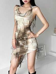 Đầm ôm sát không tay họa tiết rằn ri nhiều màu sắc, có tua rua, kiểu dáng bất đối xứng, thích hợp cho lễ hội nhạc đồng quê, lễ hội hóa trang, khu nghỉ dưỡng, sân khấu biểu diễn. - Màu Khaki - Xem 6