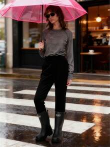 时尚新款防水雨靴，柔软舒适的橡胶靴，长筒靴，适合年轻女性，成人黑色雨季靴，可用于钓鱼、洗车、徒步旅行，轻便防水鞋，适合户外雨天穿着，女士冬季靴，女士橡胶鞋，女士雨鞋，女士冬季靴 - 黑色 - 查看 9