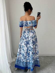 Women's Dresses, Printed Maxi Dress With Off-The-Shoulder And Waist Detail, Retro Resort-Style Dress With A Fitted Waist, Boho-Style Maxi Dress That Slims The Silhouette. - 查看 5