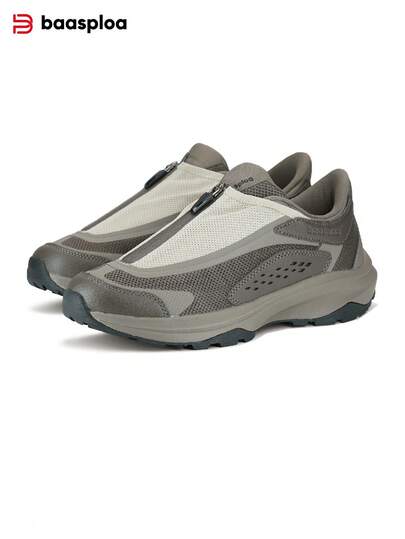 baasploa Men's Hiking Shoes, Anti-Slip, Outdoor Sports Shoes, Double-Layer Fabric With Zipper, Slip-On Style, Comfortable Shock-Absorbing, Low-Top Design, Hiking Trekking Shoes, Outdoor Work Shoes, Safety Protection Shoes