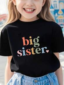 Girl's Cute Letter Print Casual Crew Neck T-Shirt, Summer - Black - View 2