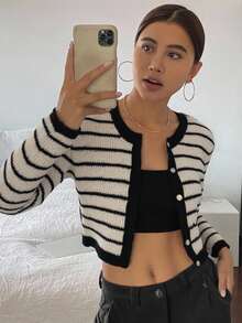 Livesso 女士条纹开衫，长袖上衣，秋冬款 - 黑與白 - 查看 6