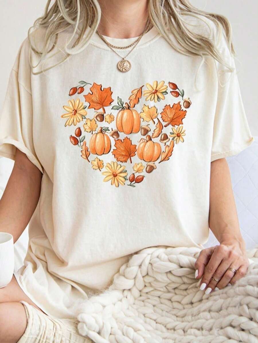 Halloween T-Shirt, Halloween Party Shirt, Pumpkin Shirt, Fall Doodles Heart Shirt, F - 白色 - 查看 1