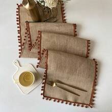 1pc Tasseled Table Runner, Square Jute Pom Pom Tabletop Decor, Christmas Party Holiday Tablecloth, Reusable Wedding Festival Table Mat - Multicolor - View 11
