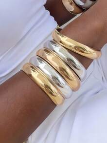 5 Peças Conjunto de Pulseiras Empilháveis Minimalistas Metálicas Lisas Exageradas em Ouro e Prata, Adequado para Mulheres, Casais, Uso Diário, Festa, Encontro, Banquete, Feriado, Presente de Ano Novo e Dia dos Namorados - Multicolorido - Visão 2