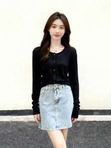 女式纯色单排扣休闲长袖 T 恤，春夏 - 黑色 - 查看 2