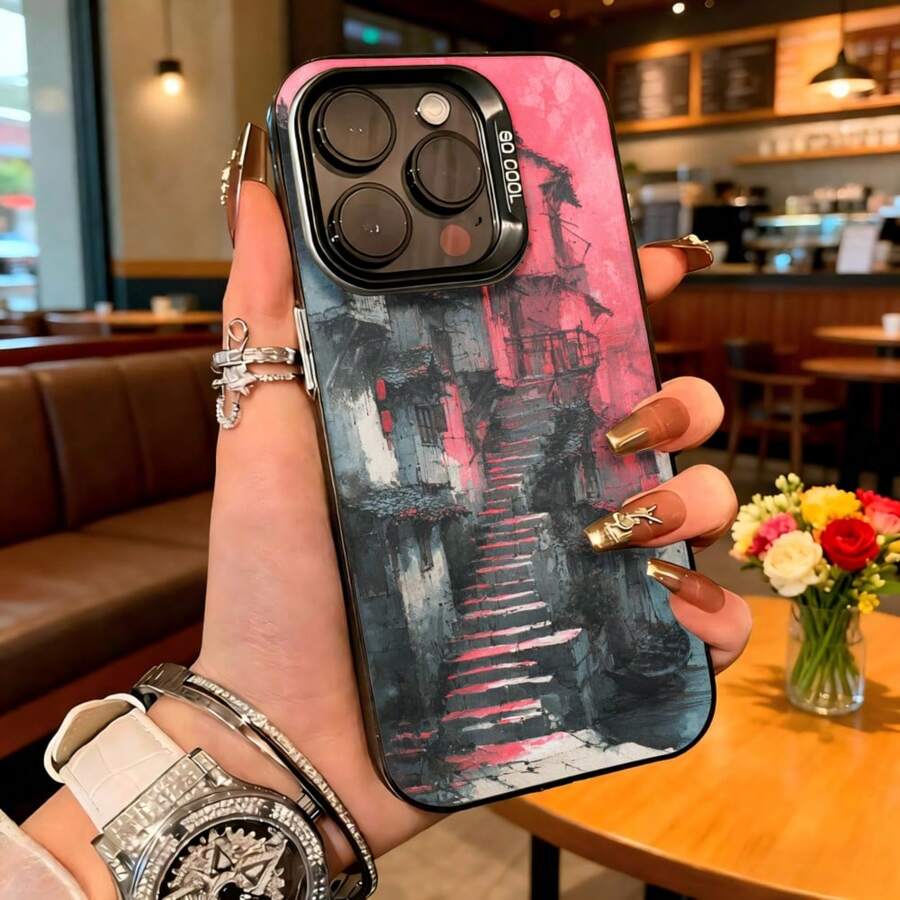 Cubierta de telefono con diseño artístico rosa y gris con escaleras abstractas para iPhone 15 Pro Max elegante para uso diario en cafeterías - Blanco - Ver 1