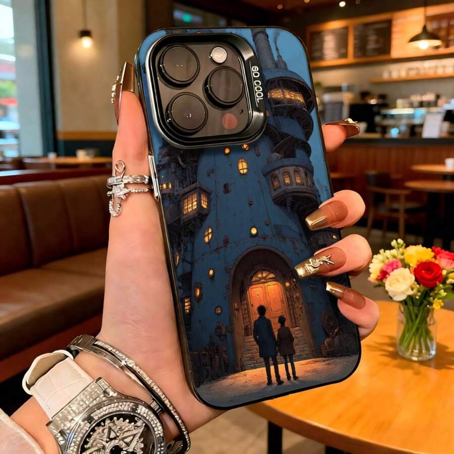 Cubierta de telefono con diseño de castillo mágico azul oscuro con pareja frente a puerta iluminada para uso diario en cafeterías y salas de estar - Negro - Ver 1