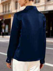 一件纯色涤纶褶皱罗纹纽扣女式衬衫，适合办公室和日常穿着，春/夏/秋季度假穿着。 - 藍色 - 查看 4