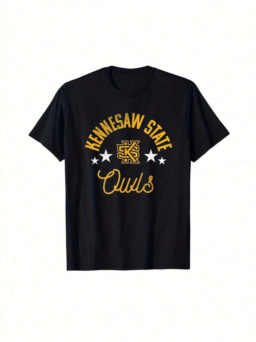 T-shirt avec logo des Owls de l'Université d'État de Kennesaw - Mascotte officielle et vêtement d'esprit avec emblème des Owls, lettrage KSU et lettres grecques - T-shirt à manches courtes confortable pour le campus, les anciens élèves et les fans - Noir - Voir 1