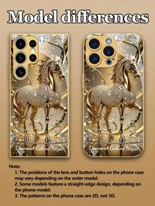 1pc Customizable Phone Case With Luxury Diamond Gold Horse Design, Tempered Glass Material, Compatible With Iphone 17 Air/16 ProMax/15 Pro/14 Plus/13 Pro/12 Pro Max/11/Xs Max/8/7/6 Plus, S24 Ultra/S25 Ultra/A12, Elegant Luxury Minimalist Design, Creative Personalized Durable Protective Case, Gift - Gold - View 7