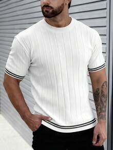 ALTZTAR 男士圆领短袖条纹拼接纯色休闲针织上衣 - 白色 - 查看 2
