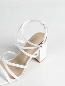 女士白色方头粗跟派对时尚简约休闲舒适百搭高跟凉鞋 - 白色 - 查看 7