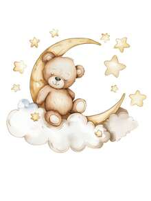 1 pieza Pegatina de pared para guardería con oso de dibujos animados durmiendo, estrellas, nube y luna, calcomanía de arte para guardería, jardín de infancia, habitación de niños, dormitorio, decoración del hogar, pegatinas de decoración de pared - Multicolor - Ver 8