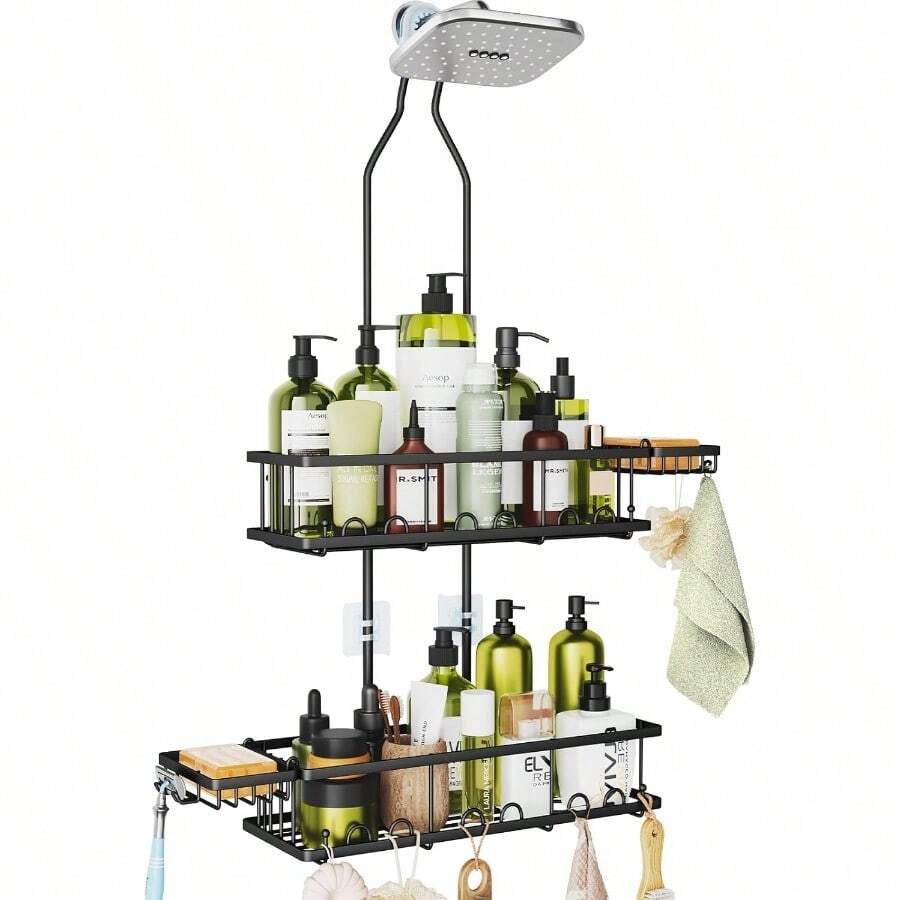 XZGB Shower Caddy Hanging: Adjustable Height Organizer For Over Showerhead - Black Rustproof Shower Shelves With Hooks And 2 Soap Holders - 黑色 - 查看 1