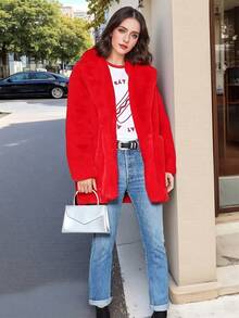 FHILLINUO 女士红色仿皮草外套，长袖翻领，及大腿长度，带口袋，无弹力面料，冬季保暖，适合圣诞节、新年及其他场合。 - 紅色 - 查看 3