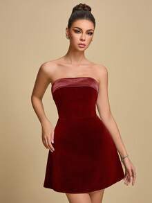 女士新款优雅浪漫无肩带黑色丝绒迷你连衣裙，适合婚礼季和派对；女士高腰A字连衣裙，适合与朋友享用早午餐、约会、情人节、生日等场合。 - 酒紅色 - 查看 2