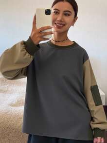 Livesso 女士撞色圆领落肩长袖口袋装饰宽松休闲百搭T恤，秋冬款 - 灰色 - 查看 2