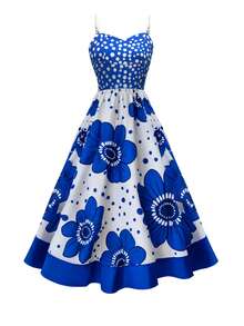 Elegant Women's Midi Dress With Sleeveless Spaghetti Straps, Featuring Blue Floral And Polka Dot Print, Backless A-Line Style - Màu xanh lam - Xem 3
