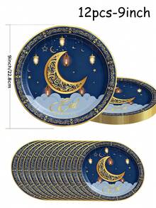 48/24Pcs Moon & Star Theme Disposable Paper Plates Set, Festive Dinnerware For Eid Al-Fitr & Ramadan, Ideal For Prayers, Worship, Reception, Dining, Picnic, Camping & Parties, Easy Clean, Festive Decor - Multicolor - View 8