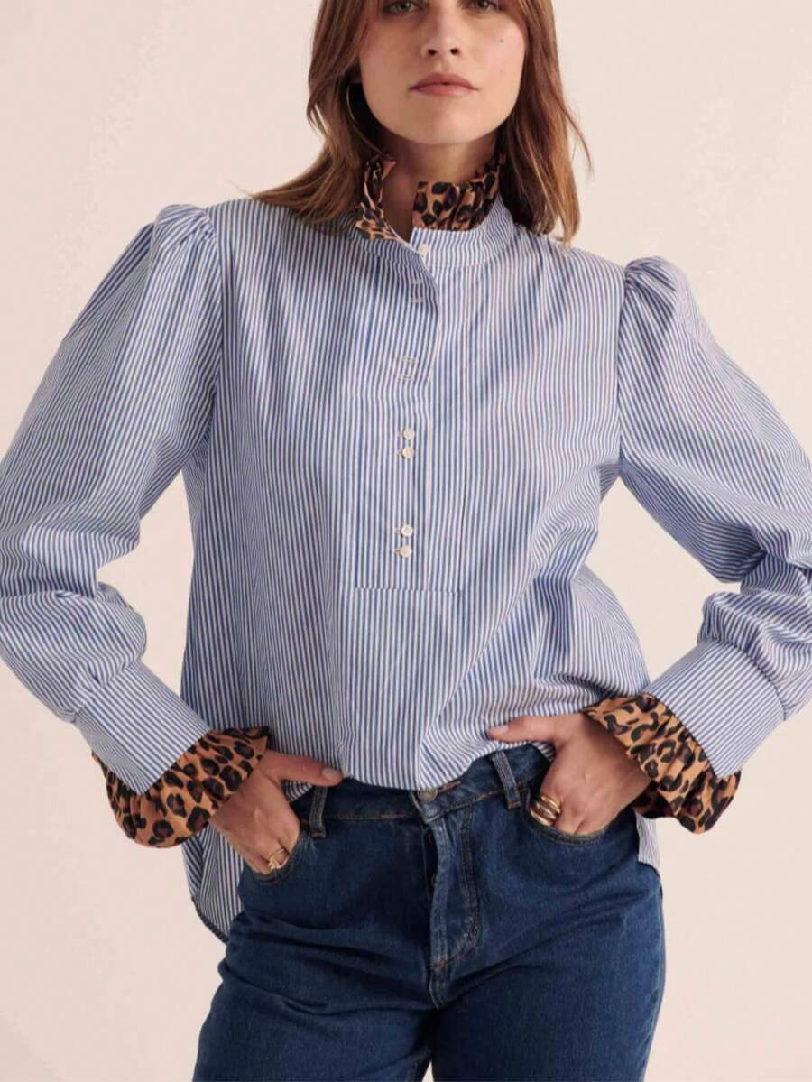 1 chiếc áo sơ mi nữ chất liệu polyester kẻ sọc trơn, cài cúc phía trước, thích hợp mặc công sở mùa xuân. - Màu xanh lam - Xem 1