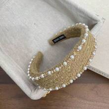 法式复古针织宽檐珍珠发箍，优雅高冠压力发箍，奢华发饰 - 黑色+白色+卡色 - 查看 5