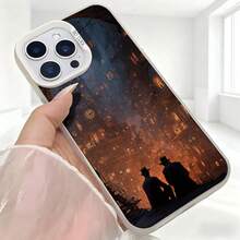 Cubierta de teléfono con diseño de fantasía negra con siluetas de hombres en sombreros y edificios antiguos iluminados para uso diario en cafeterías - Blanco - Ver 5