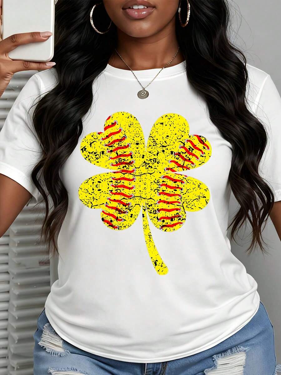 Women's Casual T-Shirt Baseball Clover Print For St Patricks Day Party Outfit - trắng - Xem 1