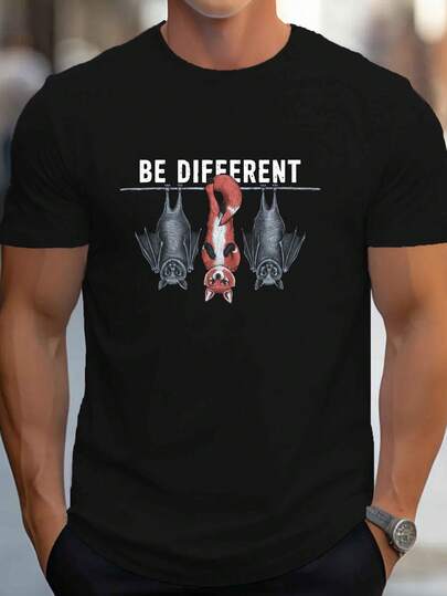 Men's "Be Different" Fox & Bats Graphic Tee - Casual Royal Blue Polyester T-Shirt, Short Sleeve, Round Neck, Machine Washable For Summer