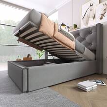 Hydraulic Single Upholstered Bed 90x200cm, Bed With Slatted Base Made Of Metal Frame, Modern Bed Frame With Storage Space, Cotton, Grey - Grey - View 7