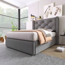 Hydraulic Single Upholstered Bed 90x200cm, Bed With Slatted Base Made Of Metal Frame, Modern Bed Frame With Storage Space, Cotton, Grey - Grey - View 4