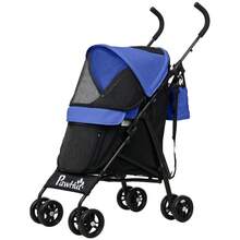 Passeggino per cani PawHut, passeggino pieghevole per cani e gatti fino a 4 kg, passeggino per gatti con finestre in rete, tracolla, borsa portaoggetti, portabicchieri, passeggino per gatti con parasole, blu scuro - 1 - Visualizzare 9