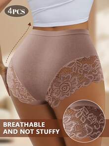 QUASTI 4 pièces Culottes sexy à design en dentelle pour femmes, tissu doux et respirant, élastique, cadeau idéal pour les fêtes - Multicolore - Voir 4