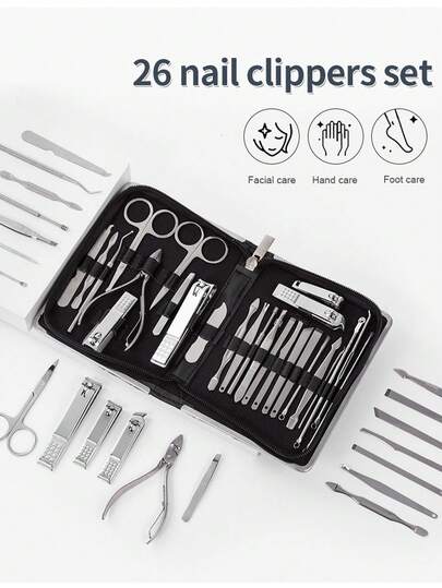 26合1专业修甲美足套装，男女通用，高品质不锈钢材质，带收纳盒，包含指甲锉、镊子和指甲钳，适合居家旅行使用，美容工具套装，便携轻巧。