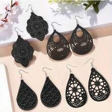 4 对/套复古雕刻花卉图案吊坠耳环，优雅复古风格木制珠宝，精致的女士礼物 - 黑色 - 查看 8