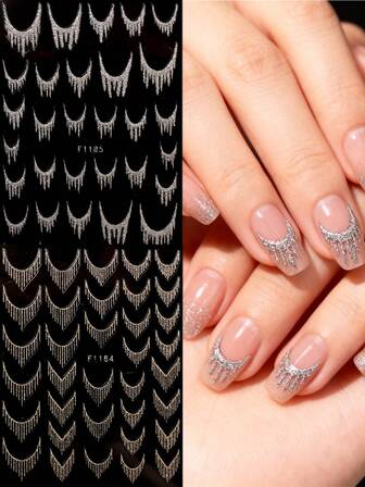 2PCS Valentine's Day Shining Nail Art Stickers - Retro Luxury Metal Shining Tassel, Valentine's Day Simple Love DIY Art Design, Suitable For Women's Daily, Wedding, Party, And Festival Disposable Adhesive Nail Stickers, Simple And Light Luxury Theme Style, Easy To Stick Nail Salon Decorative Stickers